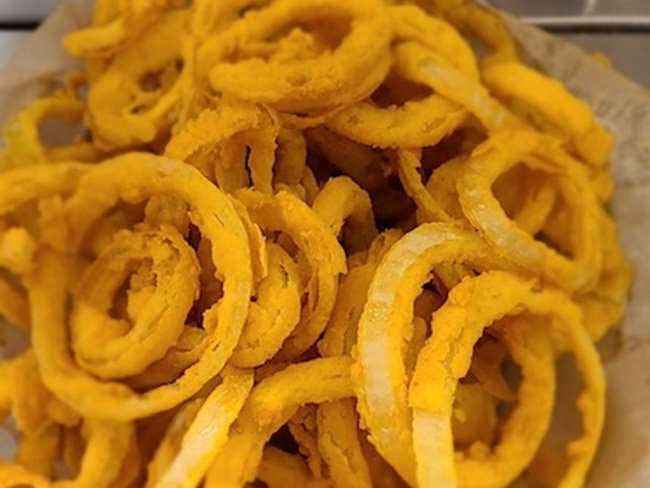 Golden fried onion rings at Cheers Grille & Bar in Concord NH.