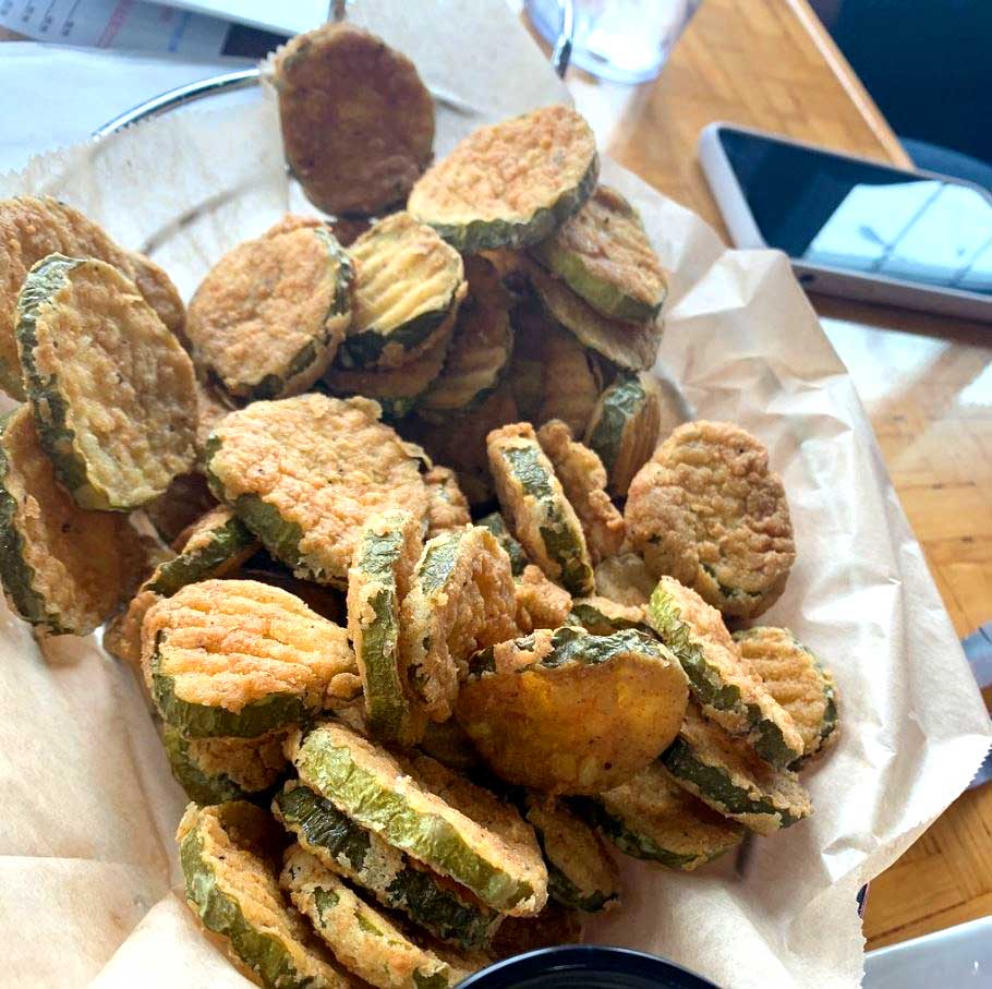 Fried pickles, golden brown and perfect at Cheers Grille & Bar in Concord NH.