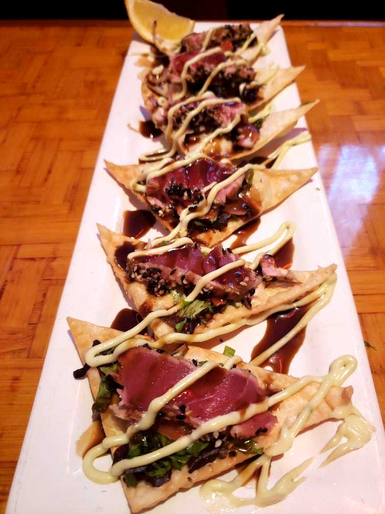 Seared ahi tuna on wontons served at Cheer's Grille & Bar in Concord NH.